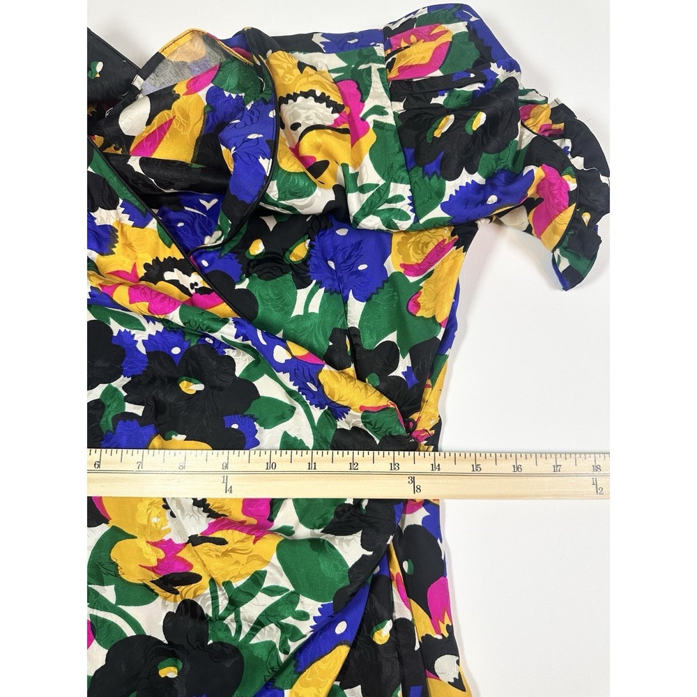 VTG *RARE* 1980's Flora Kung 100% Silk Colorful Floral Puff Sleeve Wrap Dress 6 - Picture 15 of 16